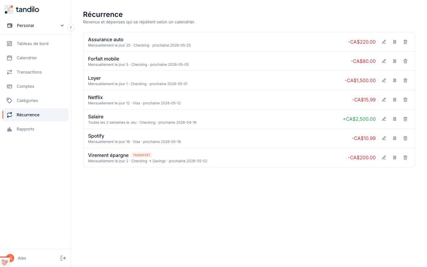 Règles récurrentes — salaire, loyer, abonnements, virements
